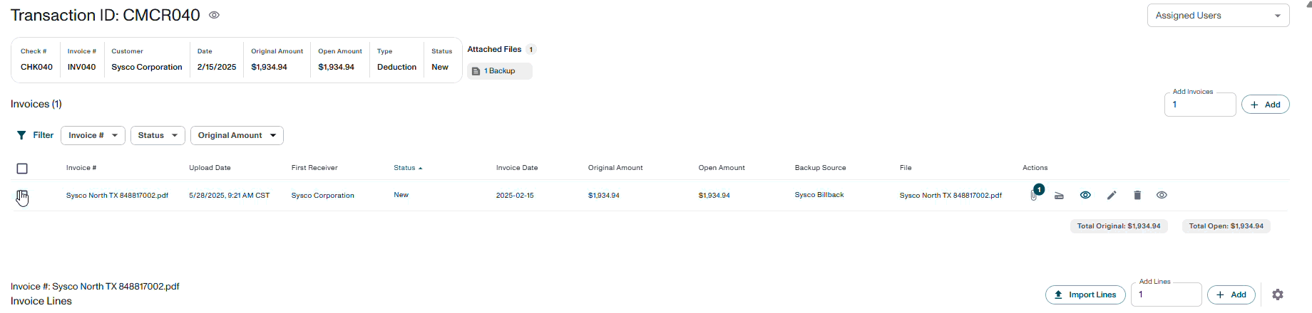 Invoice header chart - actions